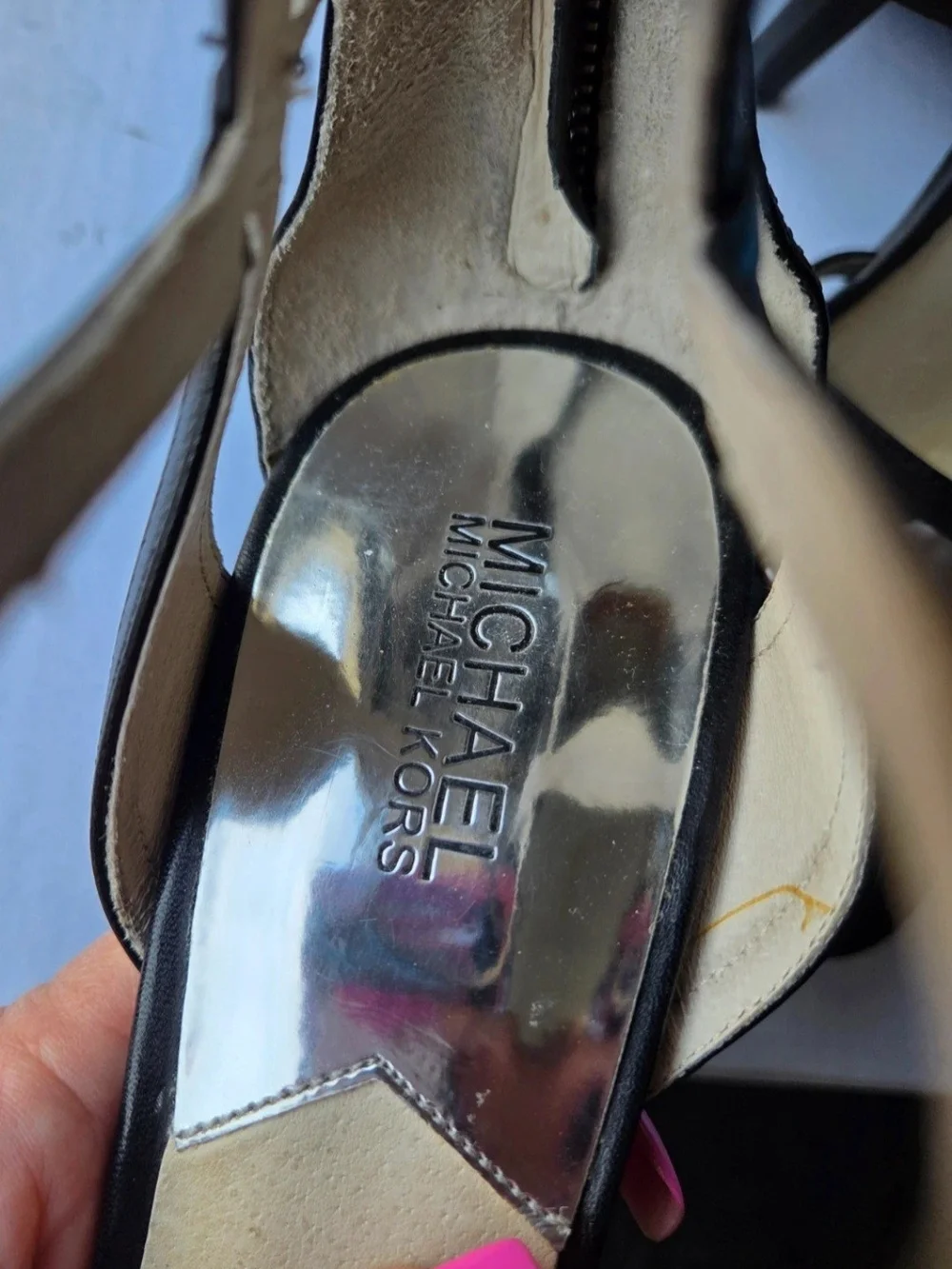 Michael Kors Black Strappy Platform Heeled Sandals with Silver Footbed